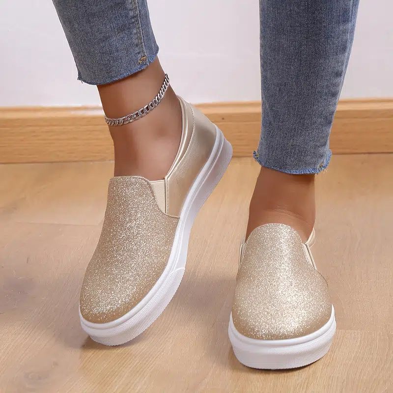 Solid Sequins Glitter Flat Shoes, Women's Lightweight Round Toe Slip on Casual Low Top Flat Shoes,Womens Sneakers,Temu
