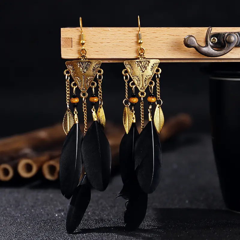 Vintage Blue Long Leaf Wrap Feather Earrings For Women Jewelry Bohemian  Antique Gold Color Exaggerated Earring