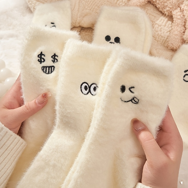 

5 Pairs Warm & Fuzzy Cartoon Expression Pattern Socks, Cute Embroidered Socks For Winter, Women's Stocking & Hosiery