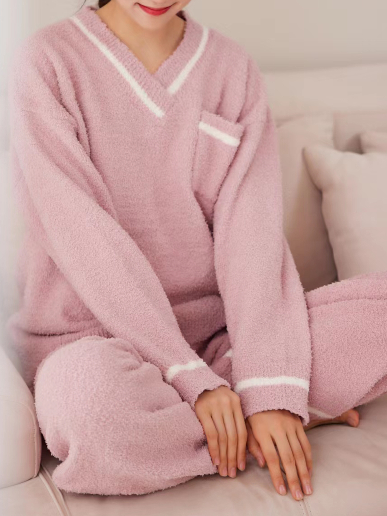 Thickened & Warm Plush Home Pajamas, Simple Long Sleeve V Neck Top & Pajama  Pants, Women's Sleepwear & Loungewear