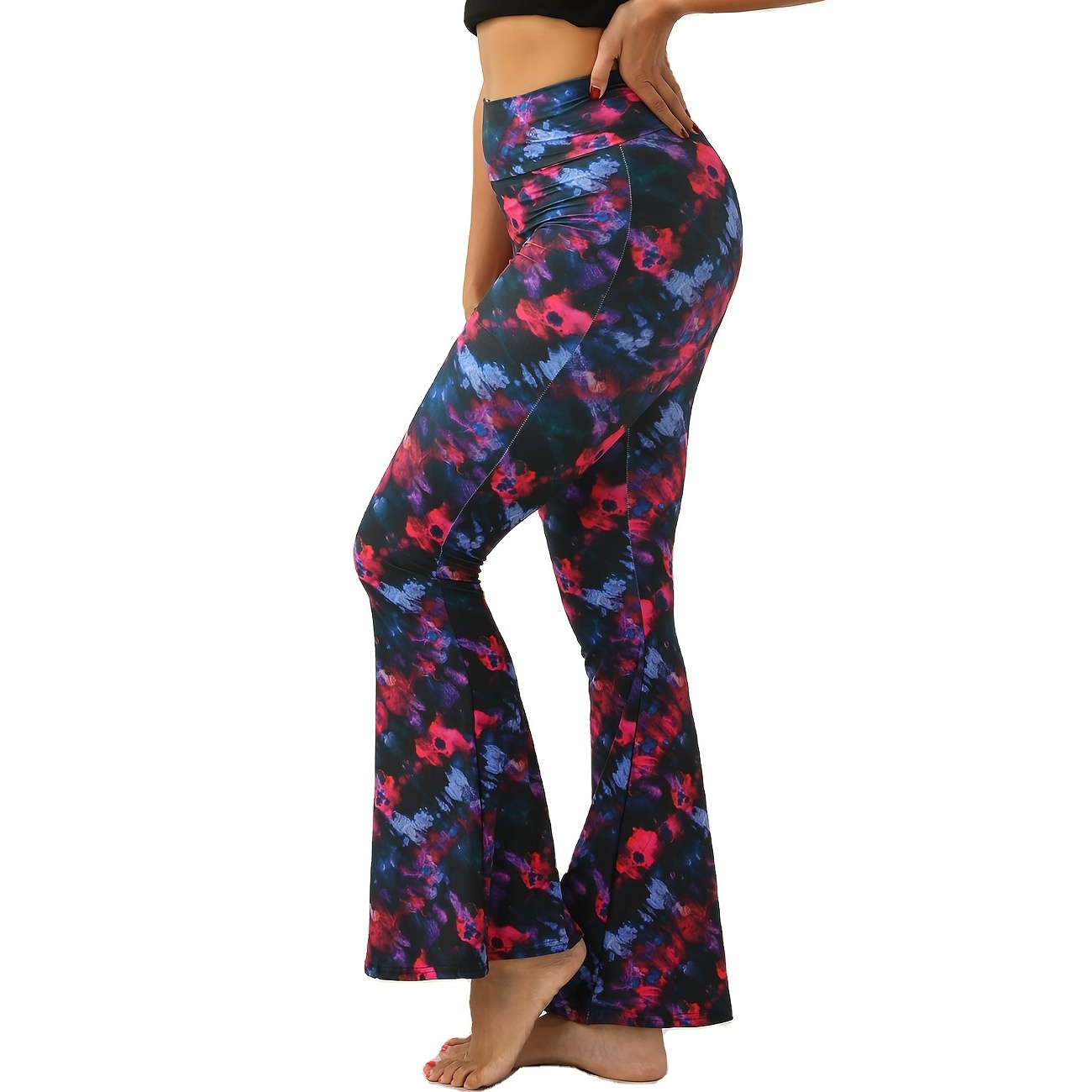 Boho Floral Bell Bottoms Print Flare Leggings, Casual Stretchy High Waist  Skinny-Fit Pants For All-season, Women's Clothing