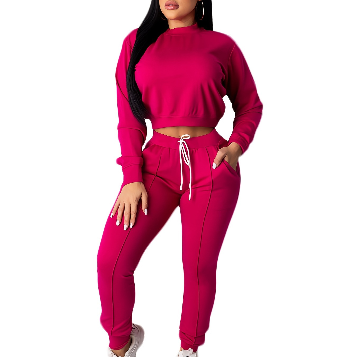 

Women's 2 Piece Sweatshirt Set, Solid Crew Neck Pullover Sweatshirt & Drawstring Elastic Sweatpants, Women's Clothing