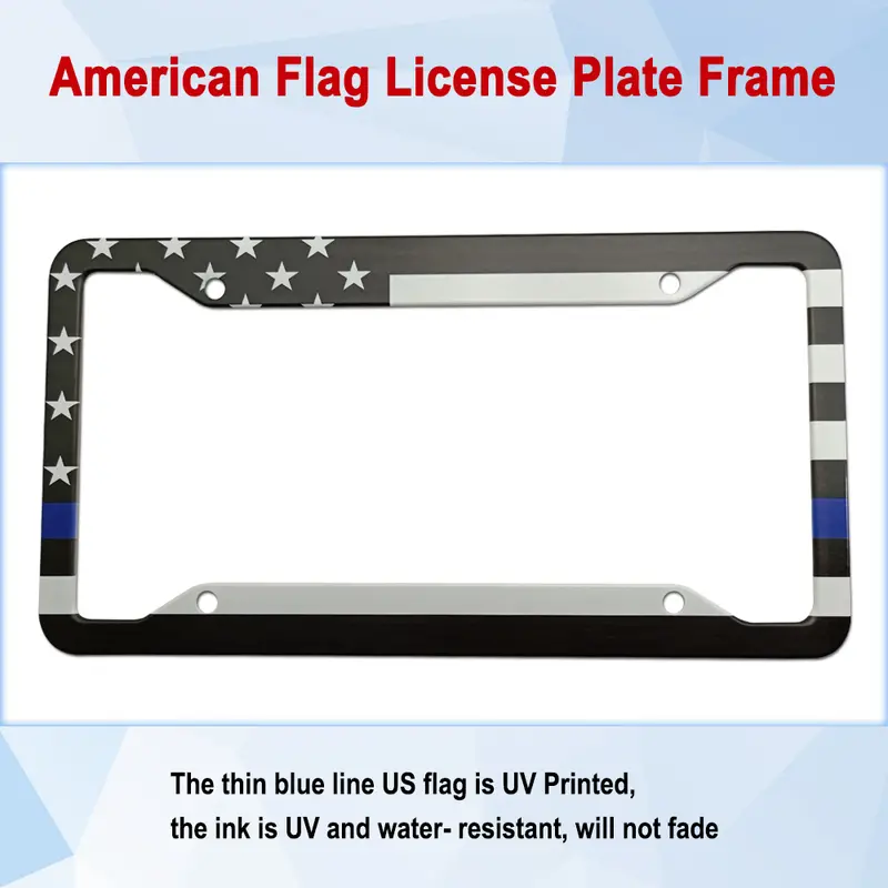 2Pcs American Flag License Plate Frame USA Patriotic Thin Blue Line Car Tag Cover With Screws Caps 4 Hole Novelty Heavy Duty Aluminum Holder For Men