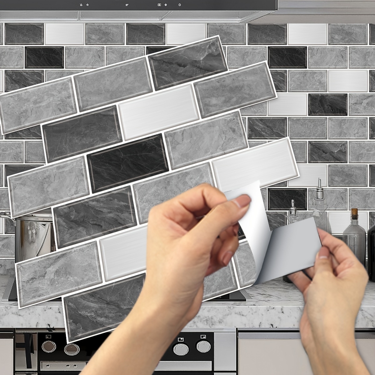 2pcs Grey Black Peel And Stick Tile Backsplash 12 X12 Kitchen Vinyl 3d