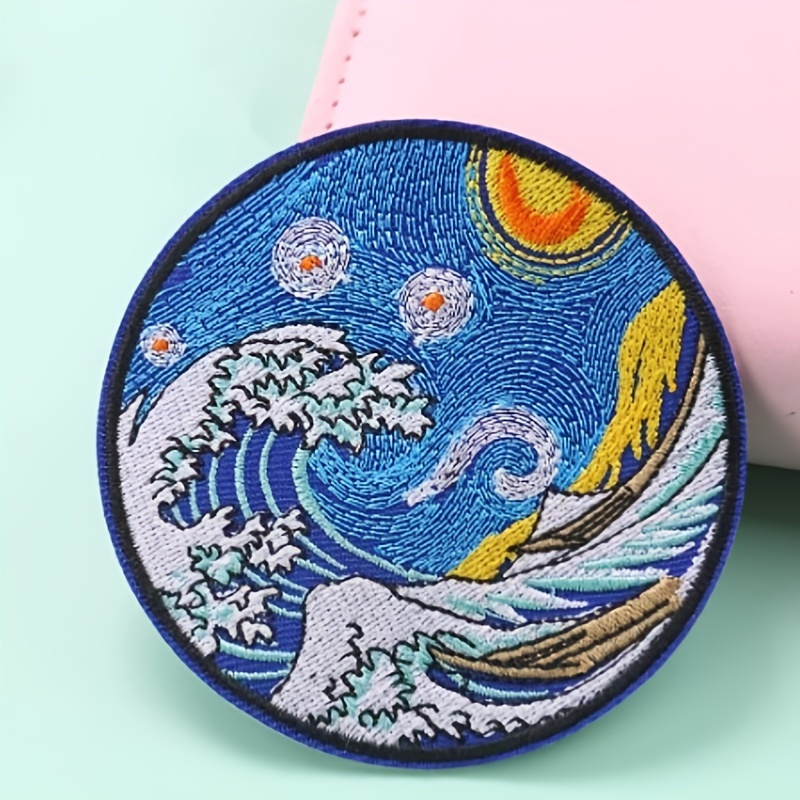 

1pc Van -inspired Starry Night & Great Wave Embroidered Patch - High-quality, Cloth Decal For Diy Fashion & Bag Repair