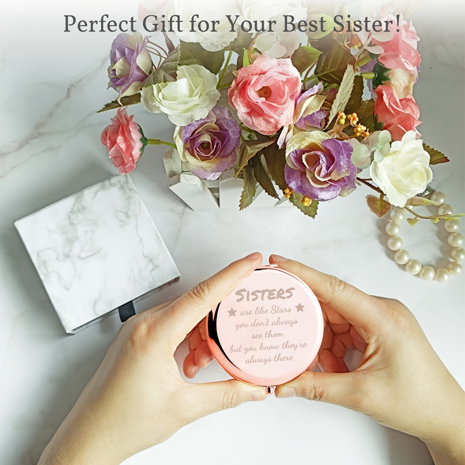 Sister Gifts Compact Mirror, Sisters Are Like Stars Gorgeous Rose Gold Makeup Mirror Unique Friendship Gift For Women Girls Sisters Best Friends Gift For Women Sister Gifts From Sister