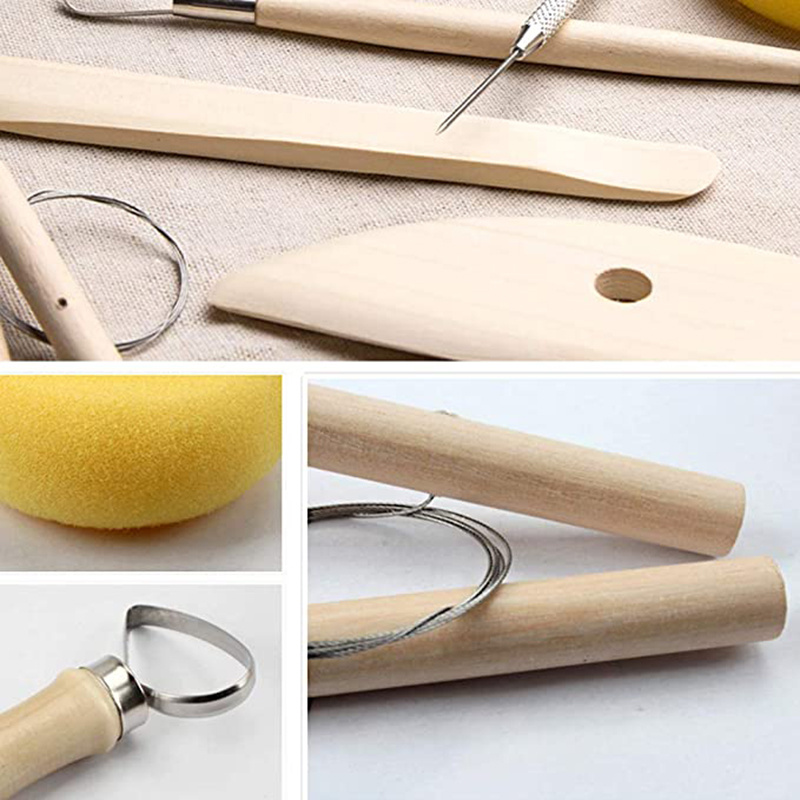 8pcs Wooden Pottery Sculpting Clay Cleaning Tool Set Includes Clay