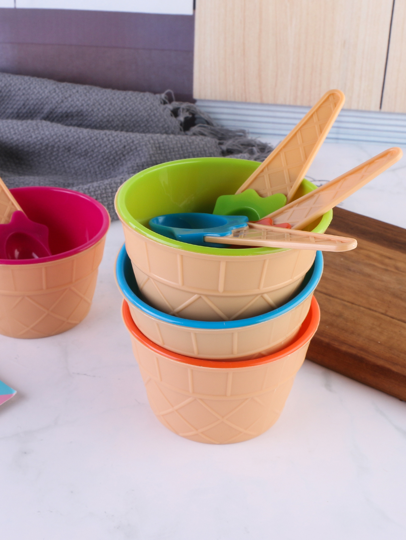 Four Colors Ice Cream Shaped Plastic Bowl Spoon Set Reusable Temu