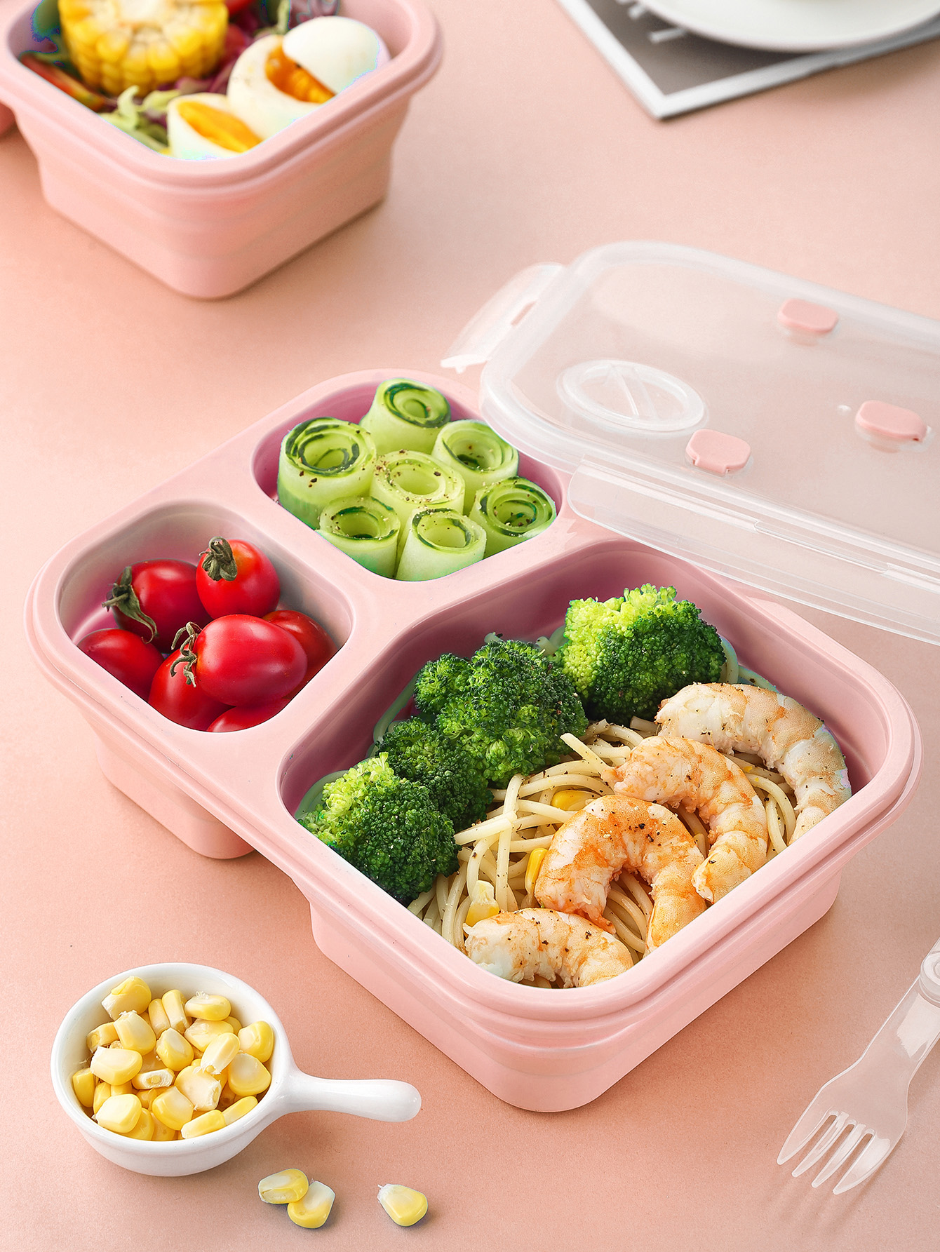 Lunch Box, BPA Free, Collapsible and Leakproof Silicone Food Storage  Containers with 3 Compartments Food Grade Silica gel Lunch Box 