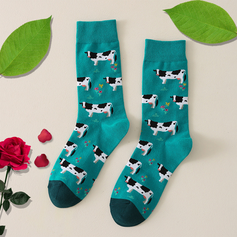 1 Pair Cow Socks | Women's Mid Calf Fabric Socks With Animal Pattern, Hand Wash Or Clean