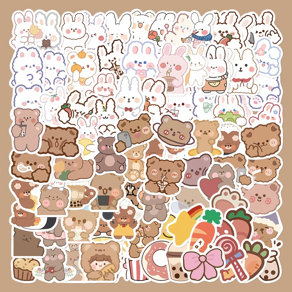 

90pcs Cute Cartoon Bear Rabbit Series Doodle Waterproof Stickers Diy Creative Toy For Laptop Skateboard Water Bottles Bumper Helmet