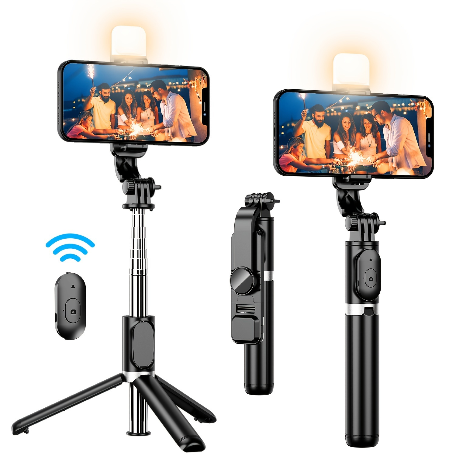 MQOUNY - Mini soporte de trípode para iPhone, trípode para teléfono de 38  pulgadas y palo para selfie con control remoto inalámbrico recargable y luz