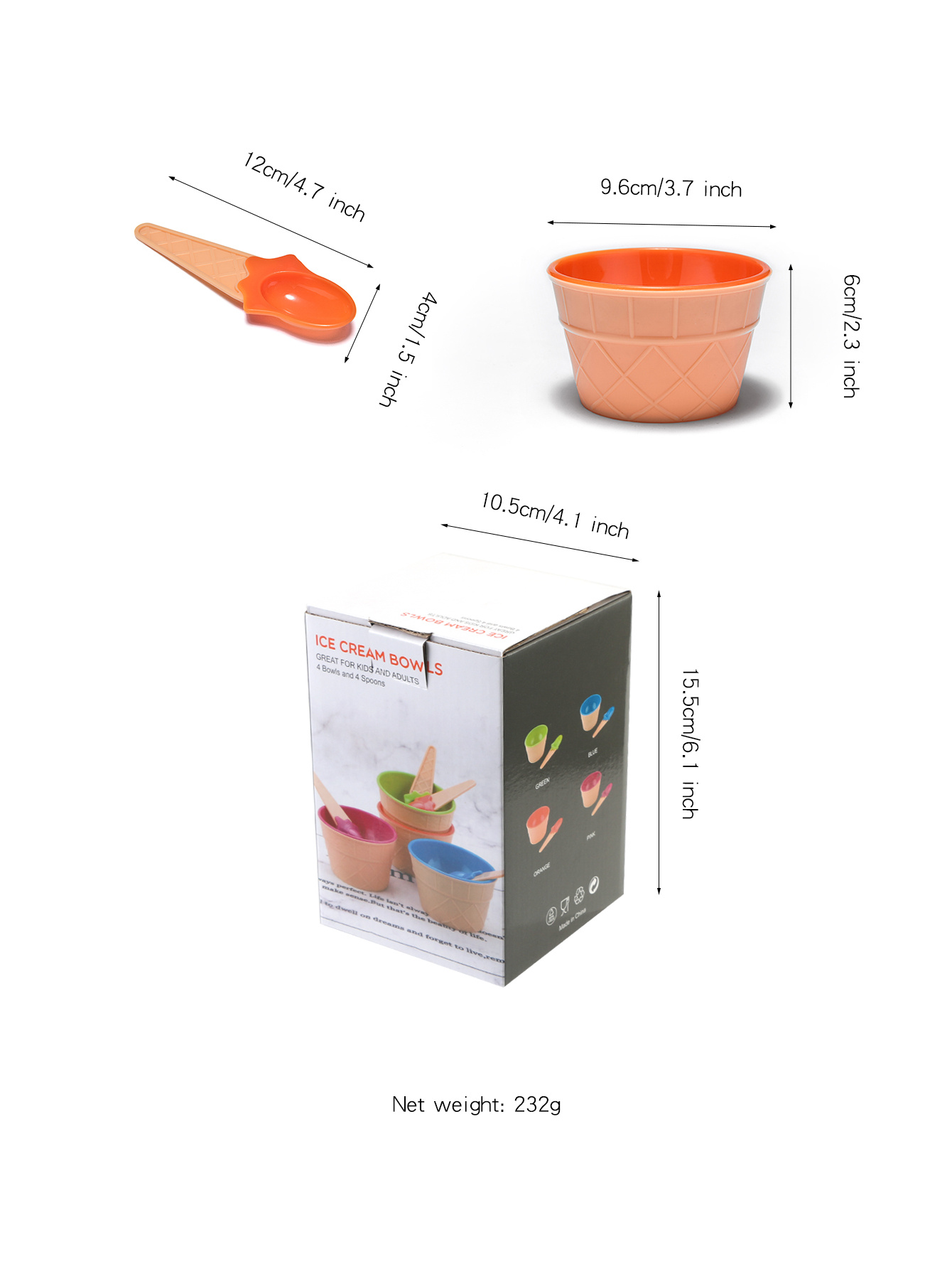 Four Colors Ice Cream Shaped Plastic Bowl Spoon Set Reusable Temu