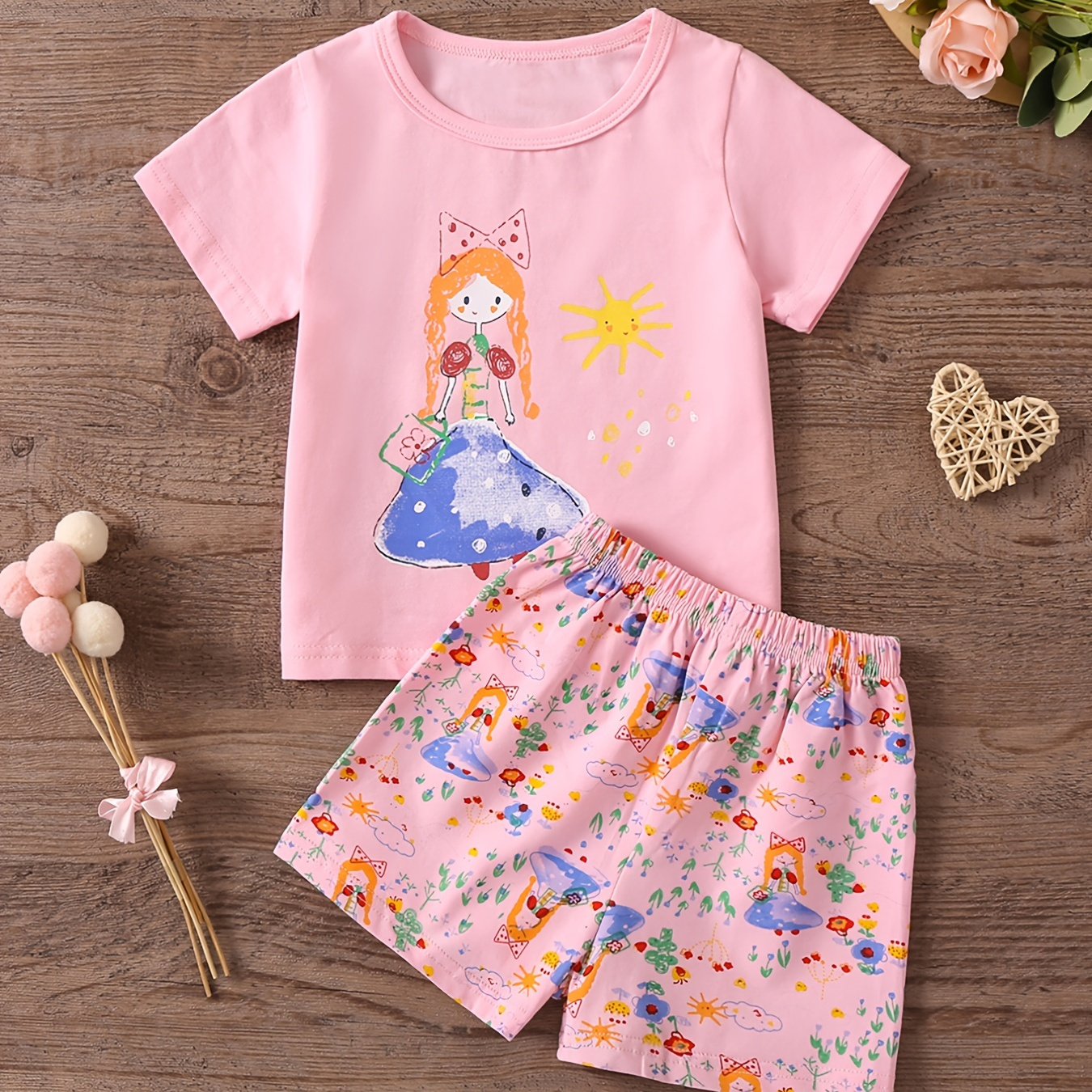 Girls comfortable pajamas family outfit crew neck short sleeve top