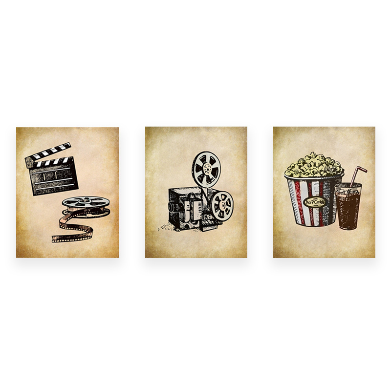  LyerArtork Vintage Movie Theater Wall Decor Set Filmmaking  Clapper Board Popcorn painting Posters Film Reels Picture Prints for Modern  Home Theater Room Cinema Decoration 12x16inchx4pcs: Posters & Prints