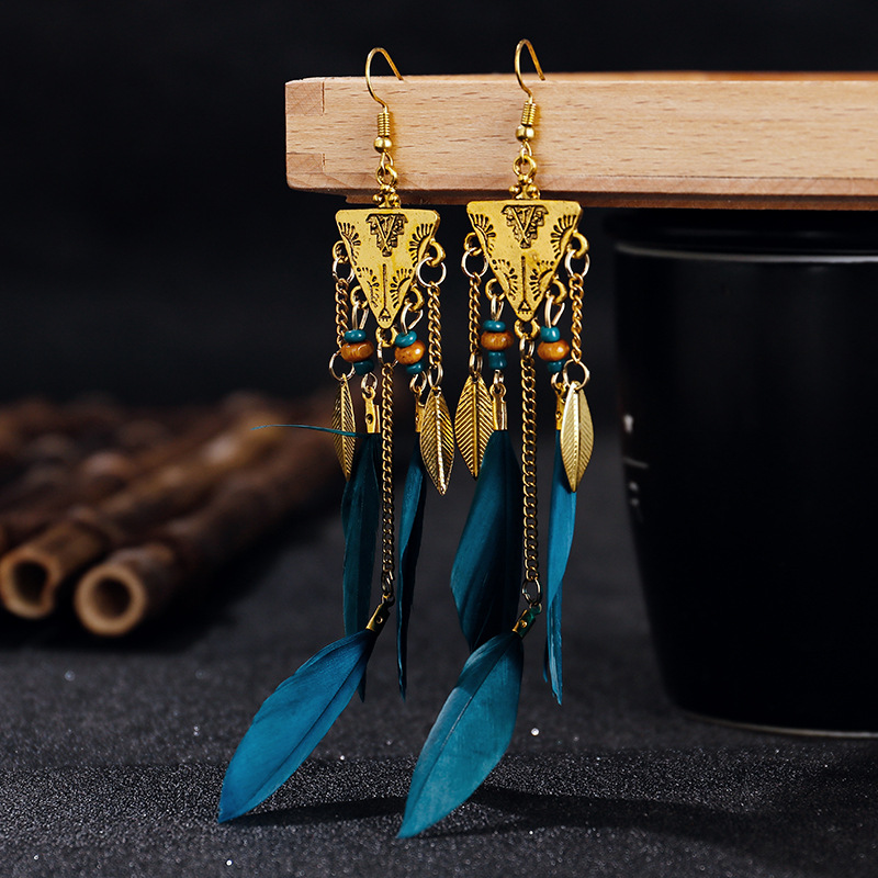 Triangular Long Feather Earrings Female Bohemian Leaf Fancy - Temu