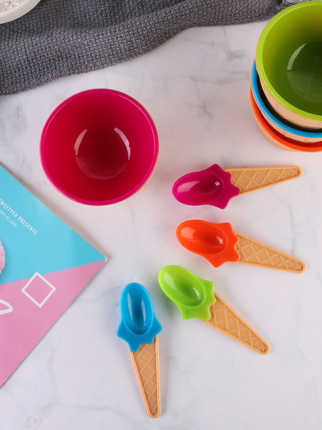 Four Colors Ice Cream Shaped Plastic Bowl Spoon Set Reusable - Temu