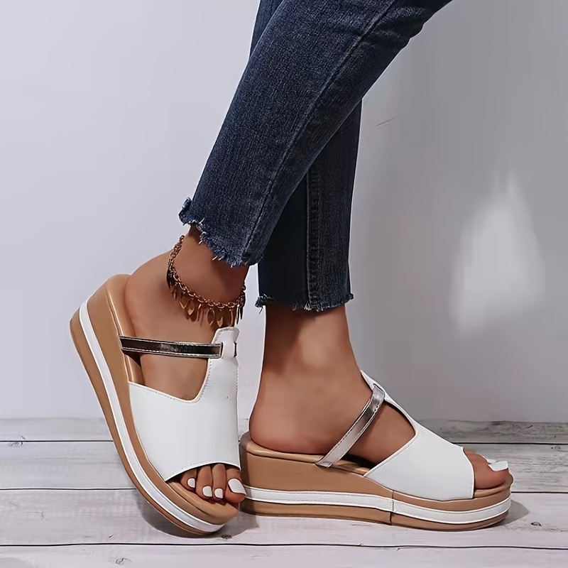 Women's Cutout Wedge Heeled Slippres, Open Round Toe Platform Slip-on Fashion Slides, Women's Casual Shoes