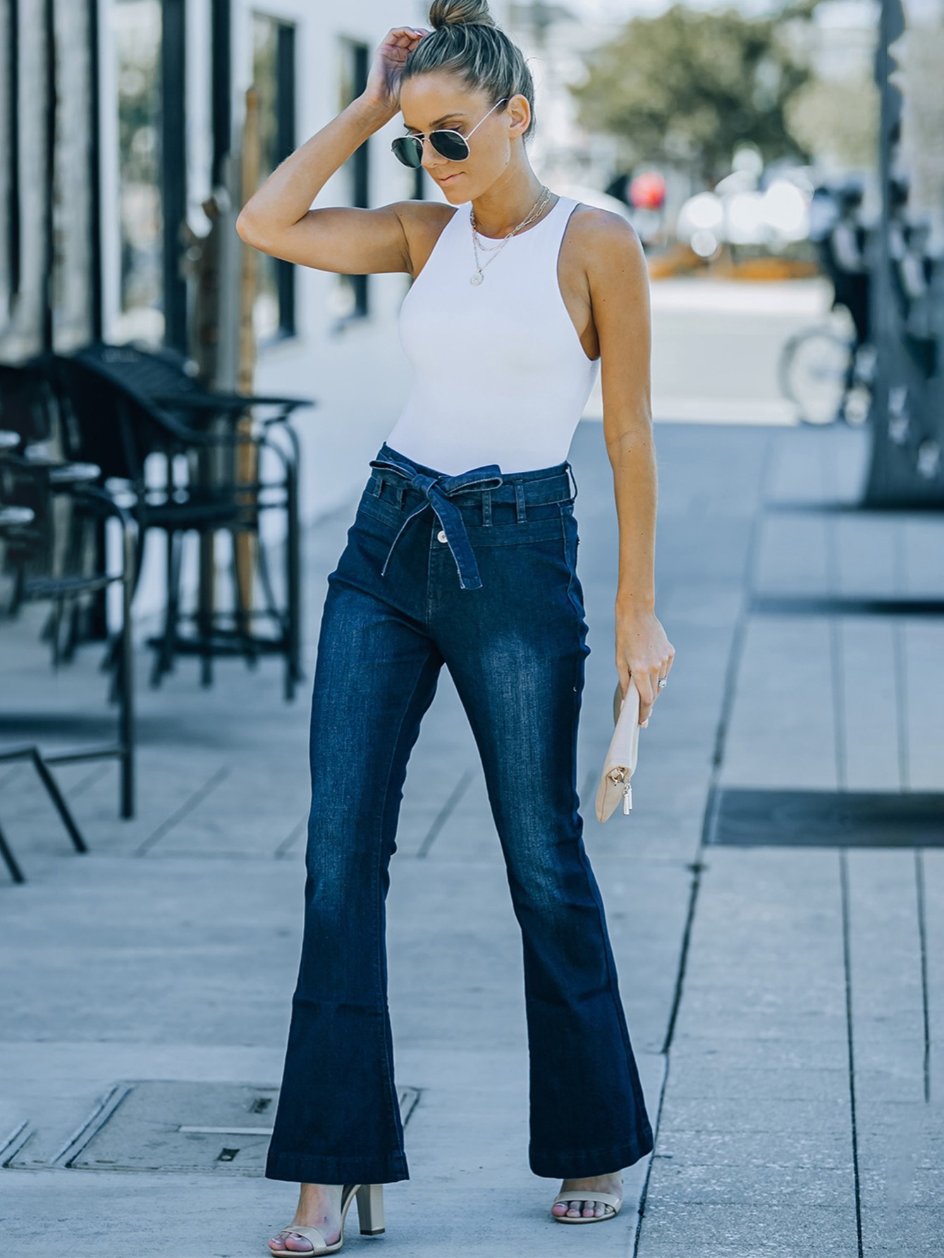 casual elastic high waist denim wide leg pants