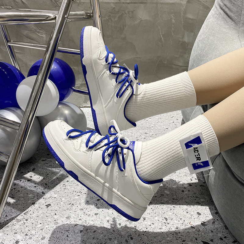Double Laced White & Blue Sneakers, High Contrast Low Top Skate