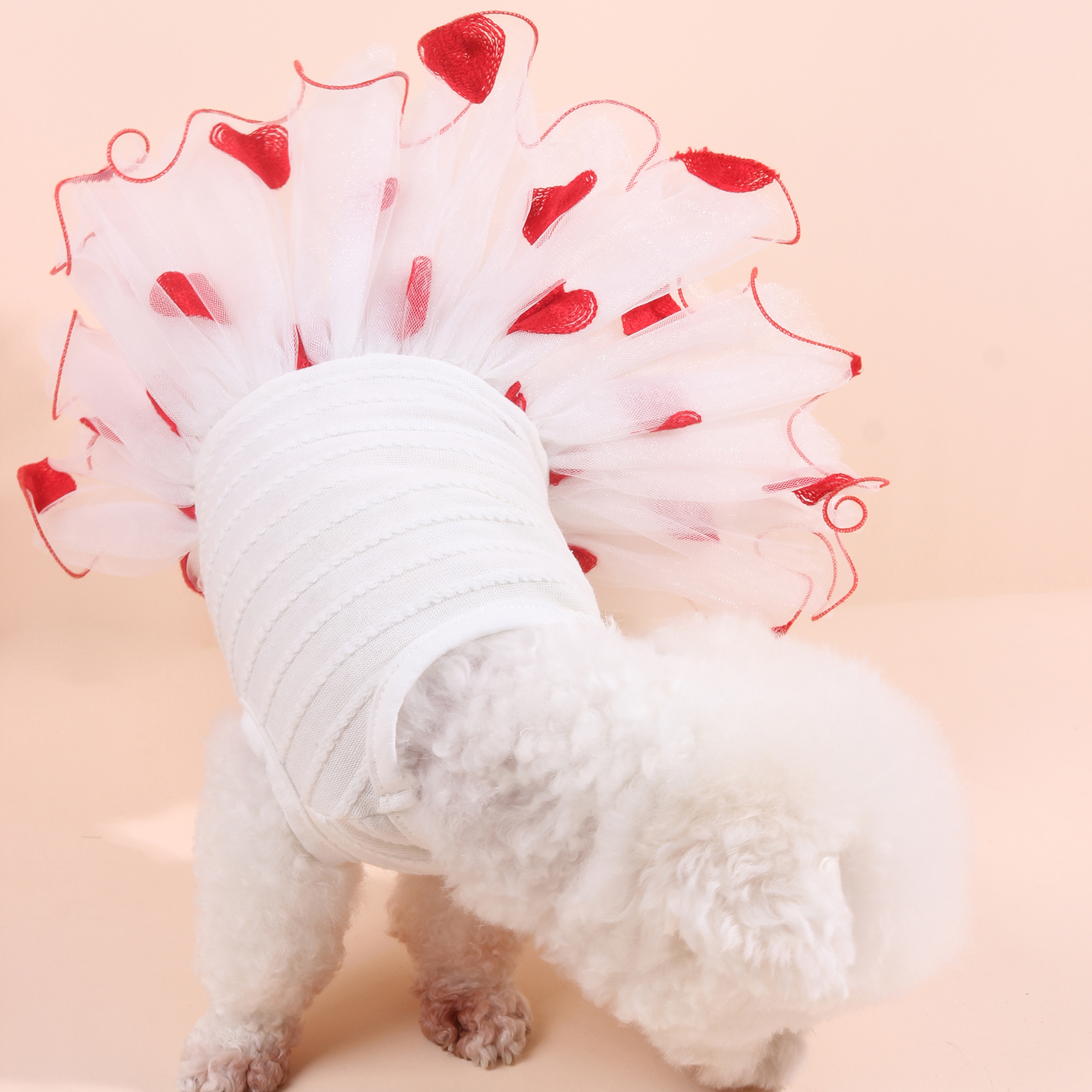 Valentines Day Ready Adorable Pet Red Heart Embroidered Mesh Tutu