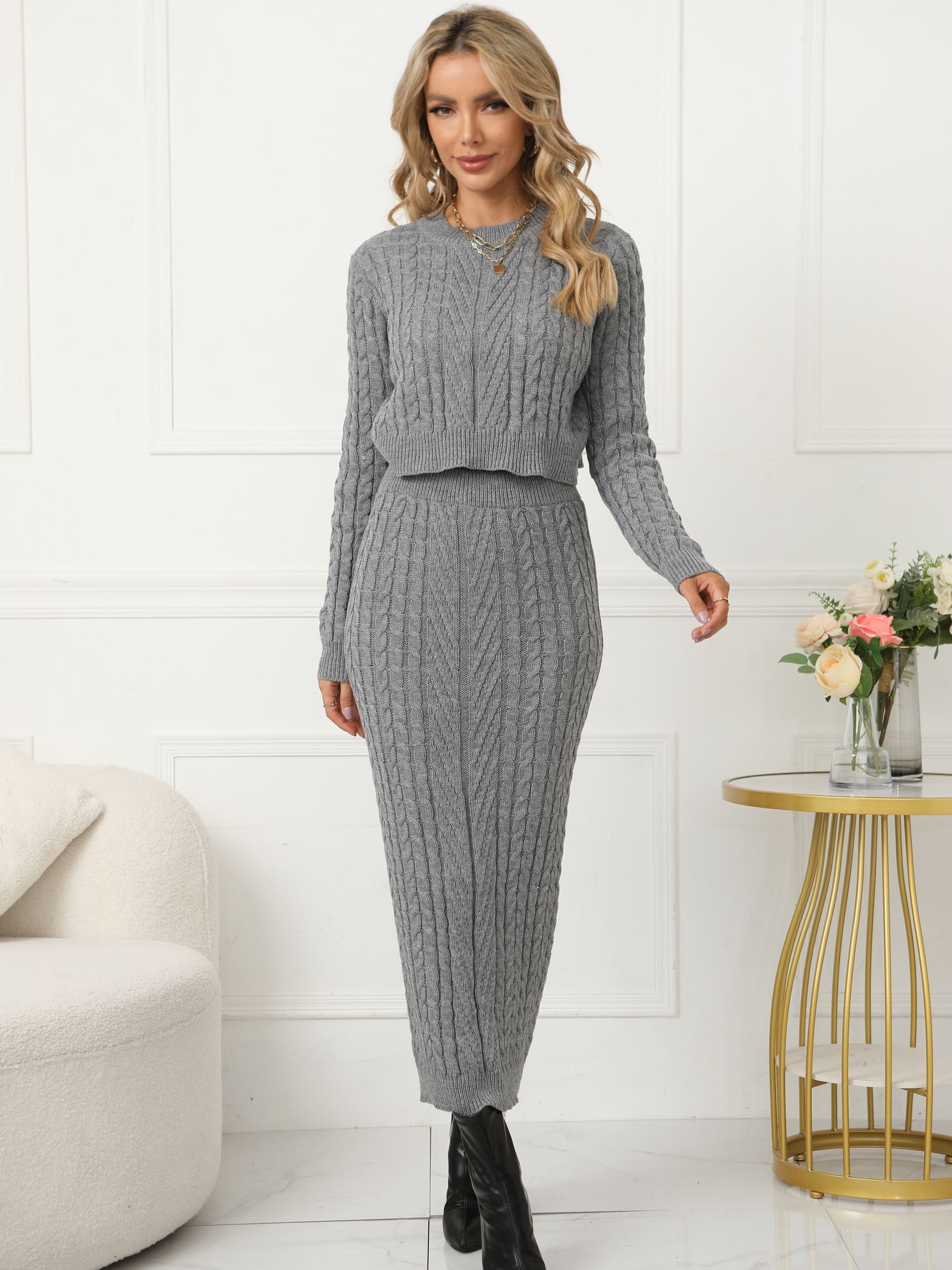 Two Piece Sweater Skirt Set for Women Chunky Cable Knit Maxi Skirt Sets  Long Sleeve Round Neck Casual Lounge Wear