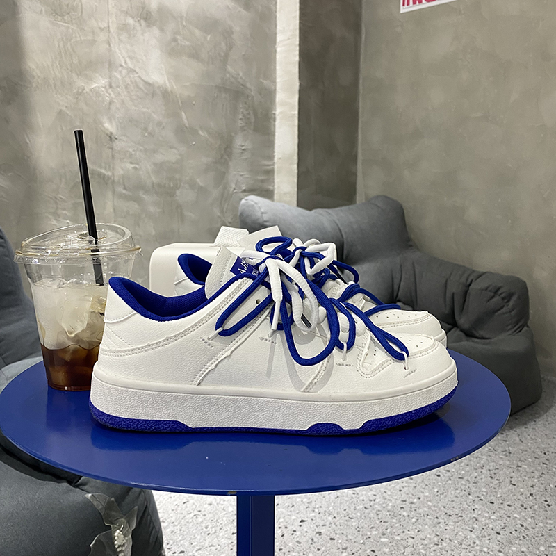 Double Laced White & Blue Sneakers, High Contrast Low Top Skate