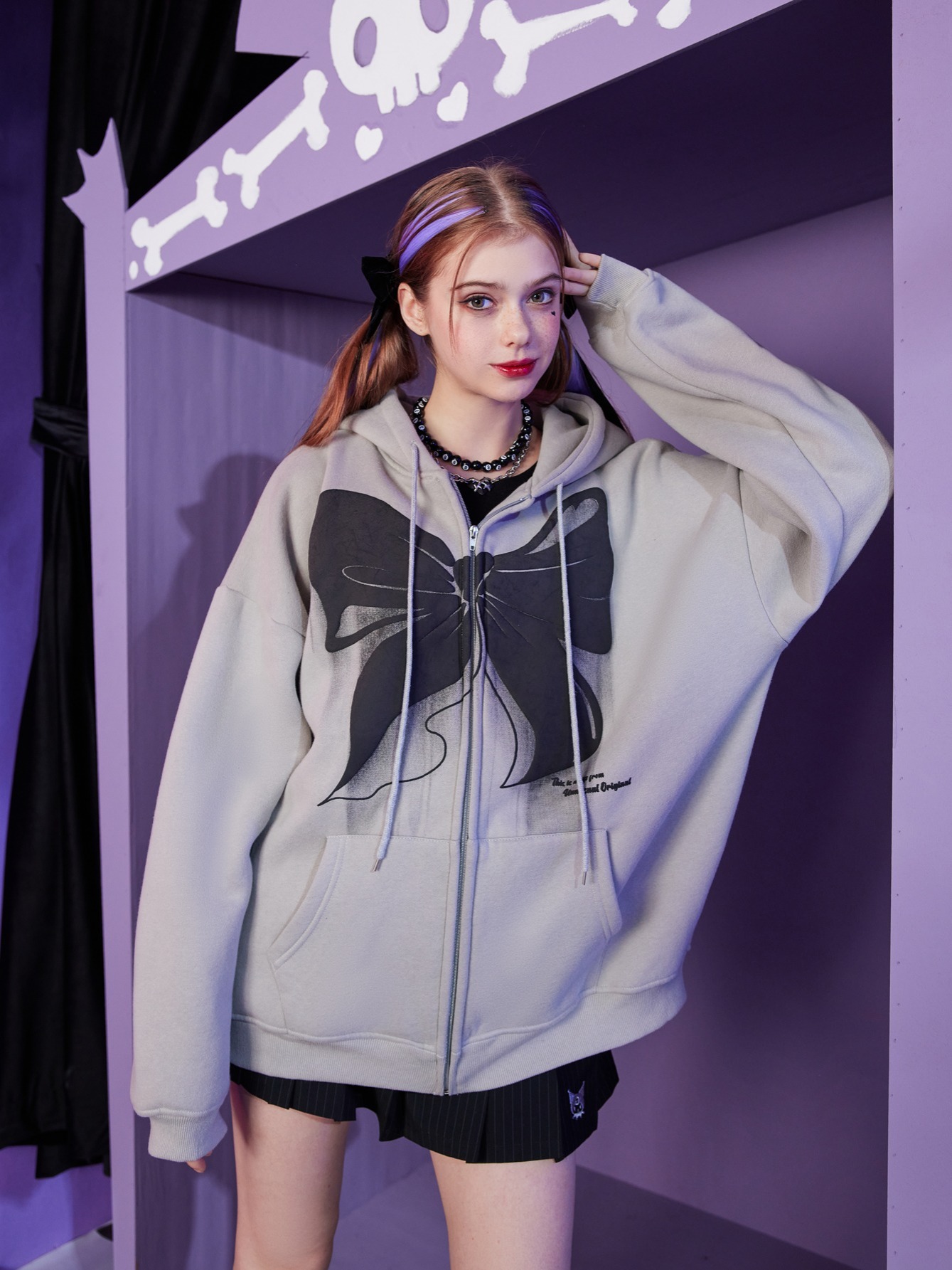 Women's Bow Graphic Zip Through Hoodies Oversized Long Sleeve