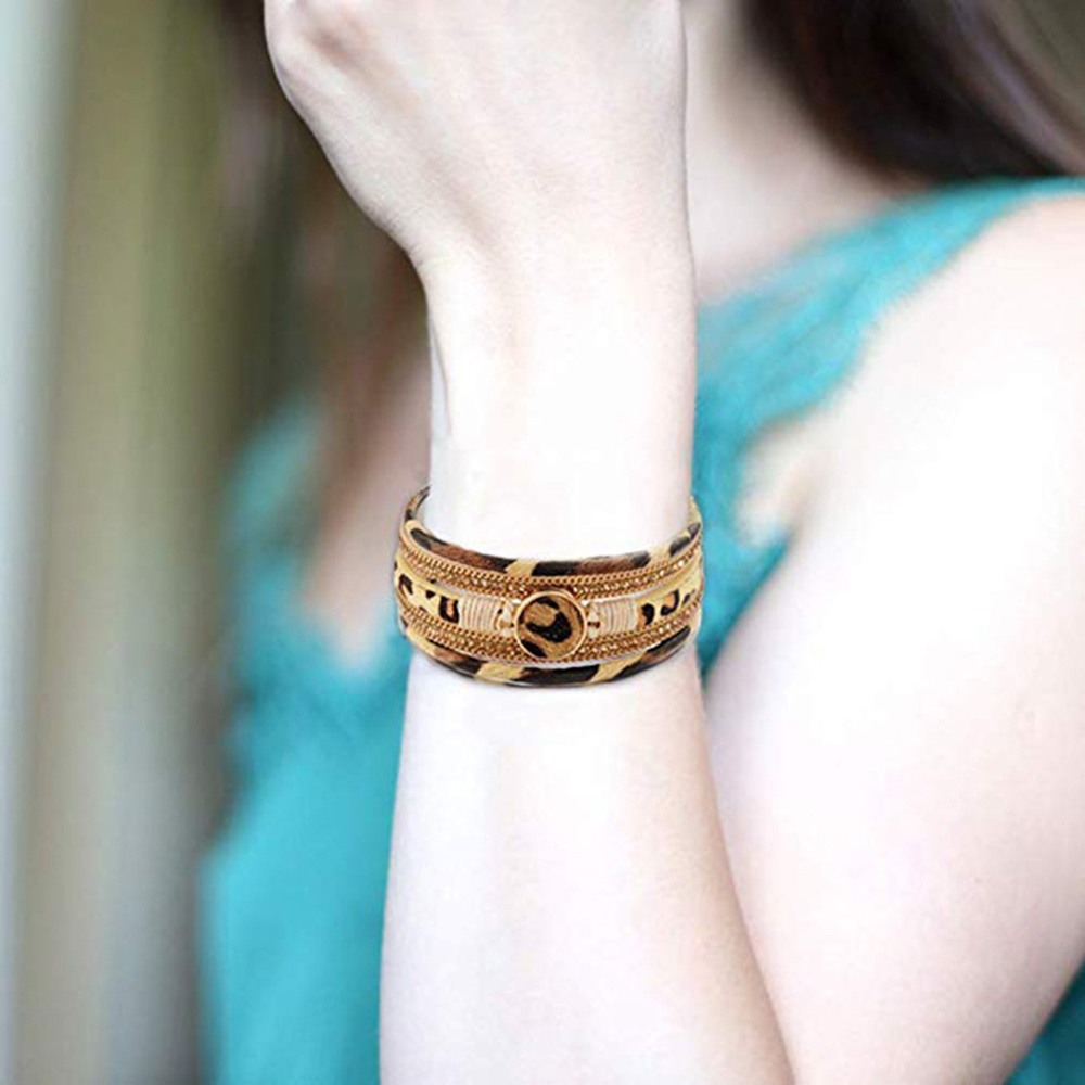 Multilayer Braided Leopard Print Magnetic Button Leather Bracelet