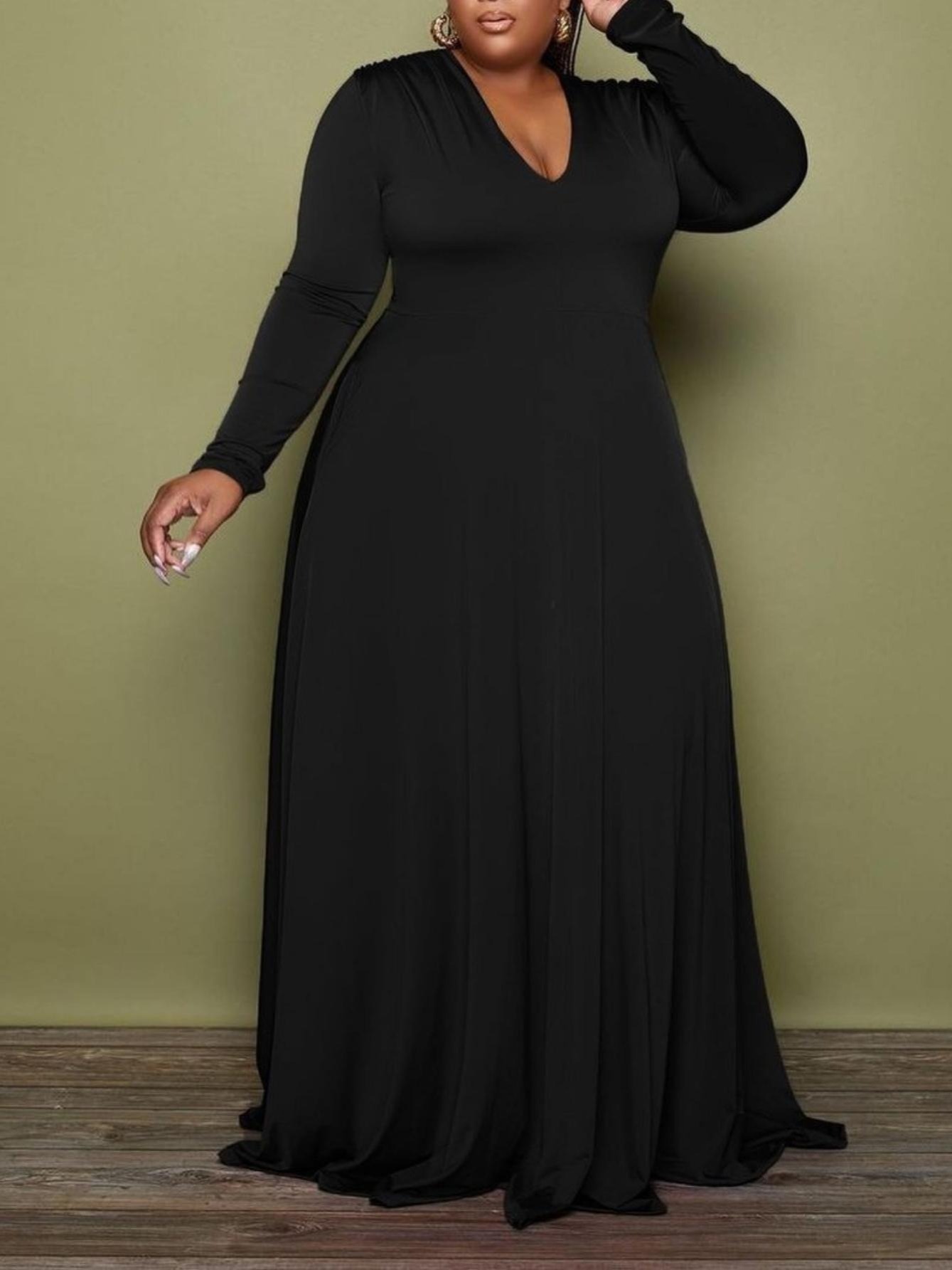 High Waist Maxi Dress Plus Size Solid V Neck Long Sleeve Temu