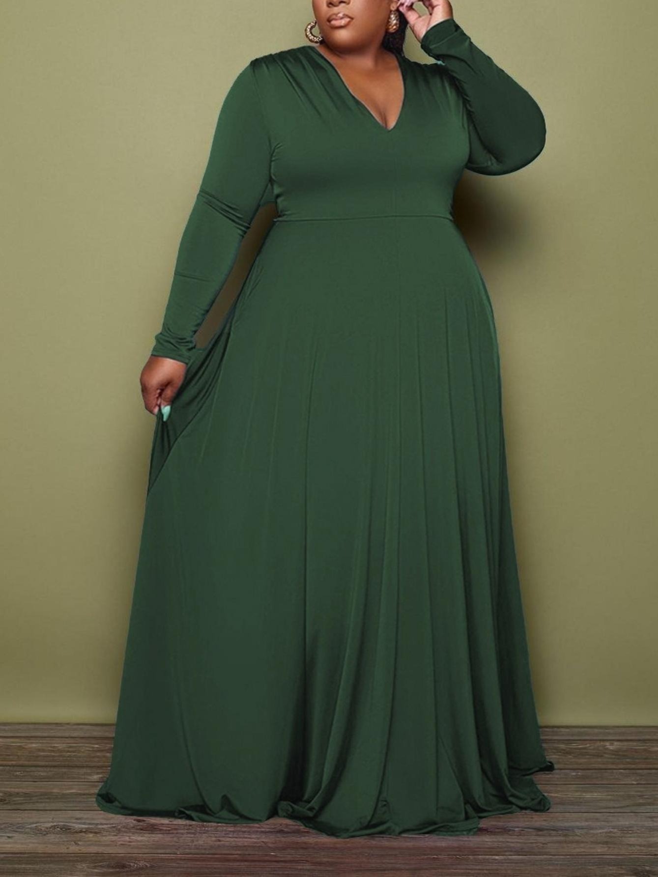 High Waist Maxi Dress Plus Size Solid V Neck Long Sleeve Temu