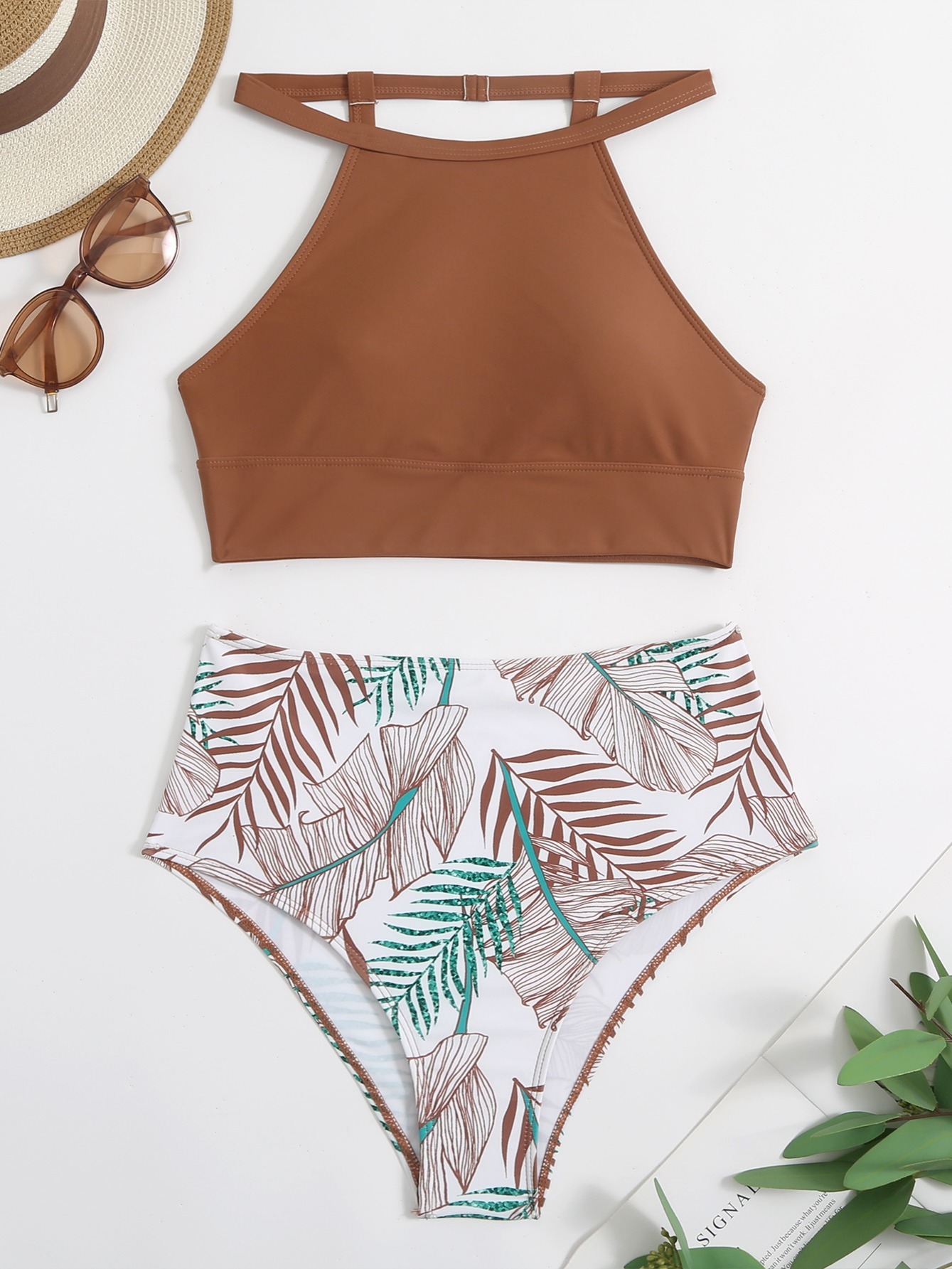 Fern Print Two piece Swimsuit Matching T back Bathing Suit - Temu