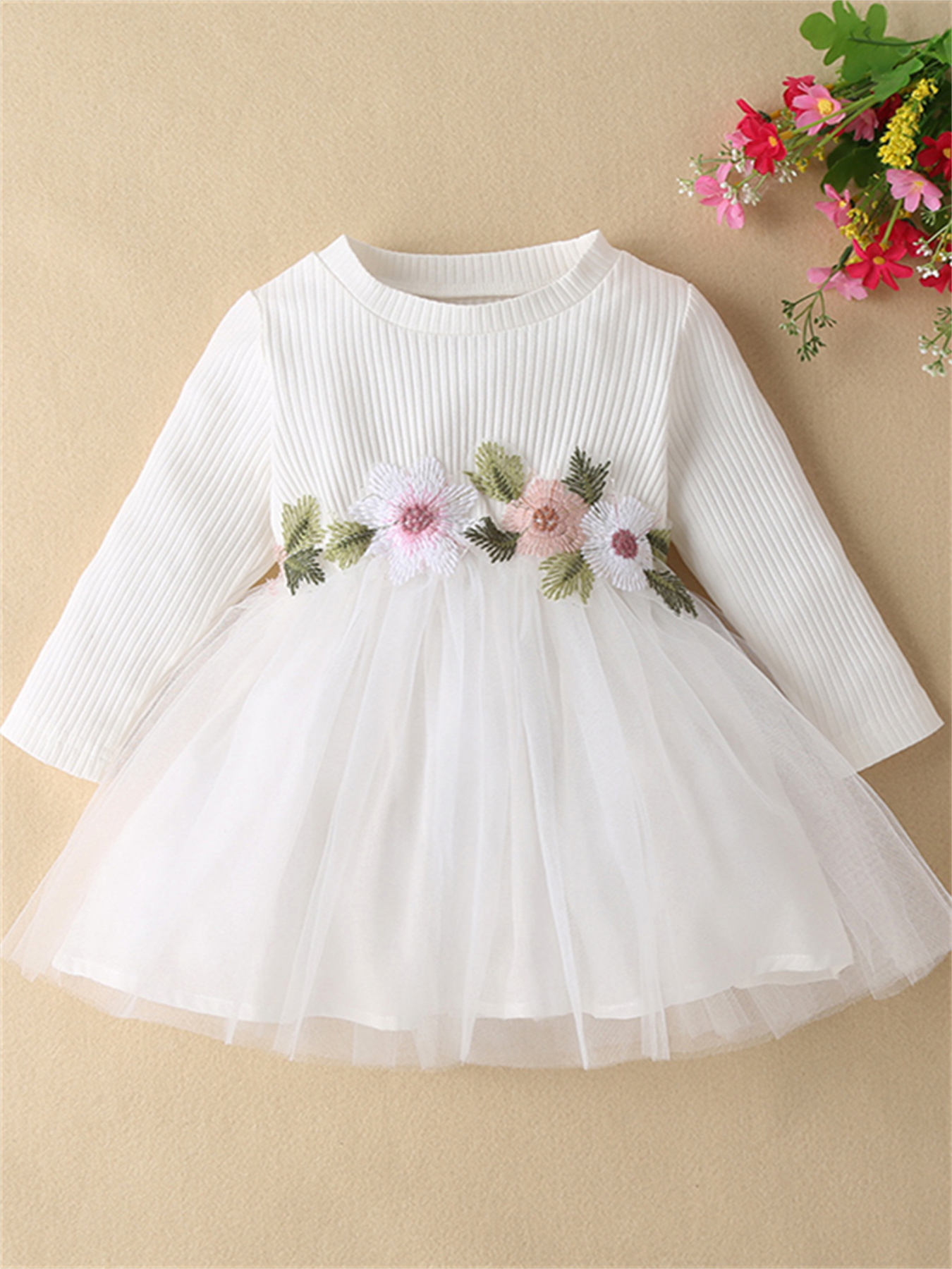 Girls Floral Ribbed Long Sleeve Mesh Embroidered Dress Baby
