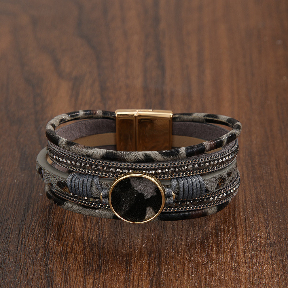 Multilayer Braided Leopard Print Magnetic Button Leather Bracelet