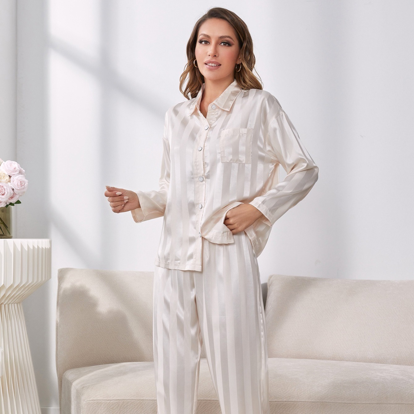 Soft Satin Striped Pajamas Set Lightweight Button Up Blouse Pajama Top ...