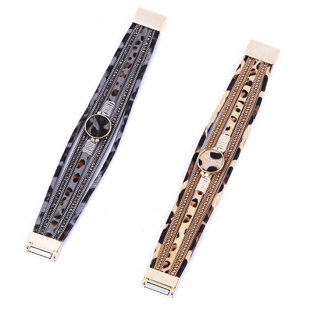 Multilayer Braided Leopard Print Magnetic Button Leather Bracelet