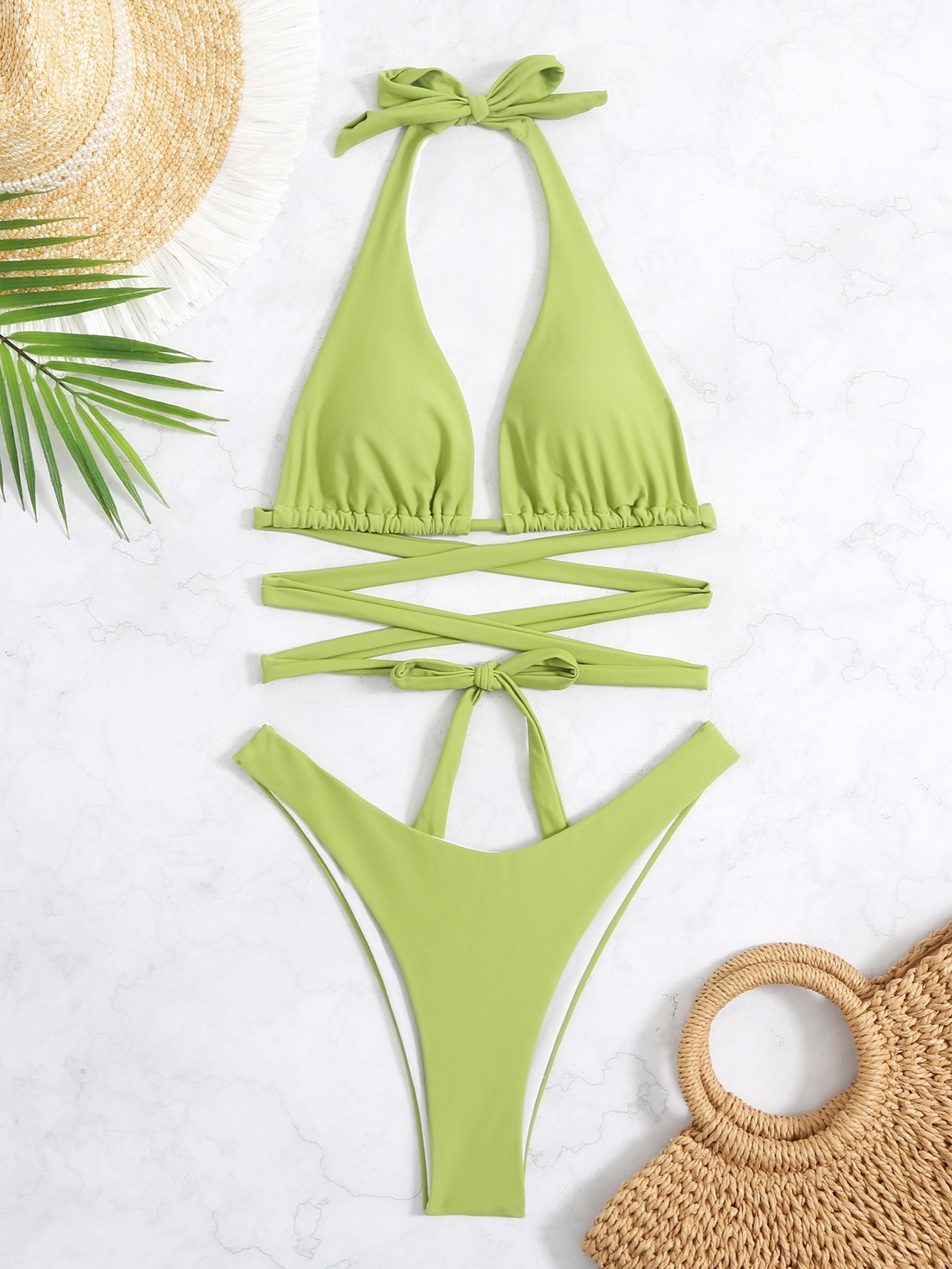 ZAFUL Women'Swimsuit O Ring Ribbed Contrast Strap String Bikini Swimwear  Light Green S 