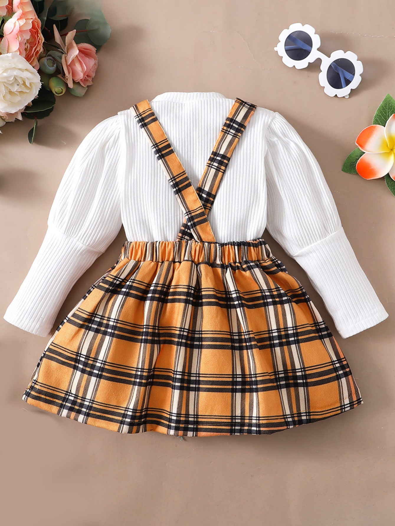 Girls Puff Long Sleeve Shirt & Plaid Suspender Skirt Kids Clothes