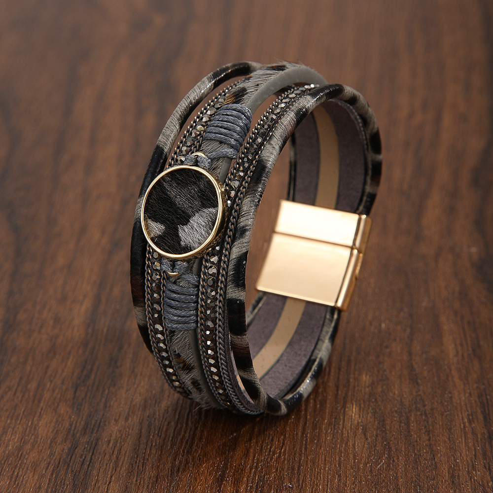 Multilayer Braided Leopard Print Magnetic Button Leather Bracelet