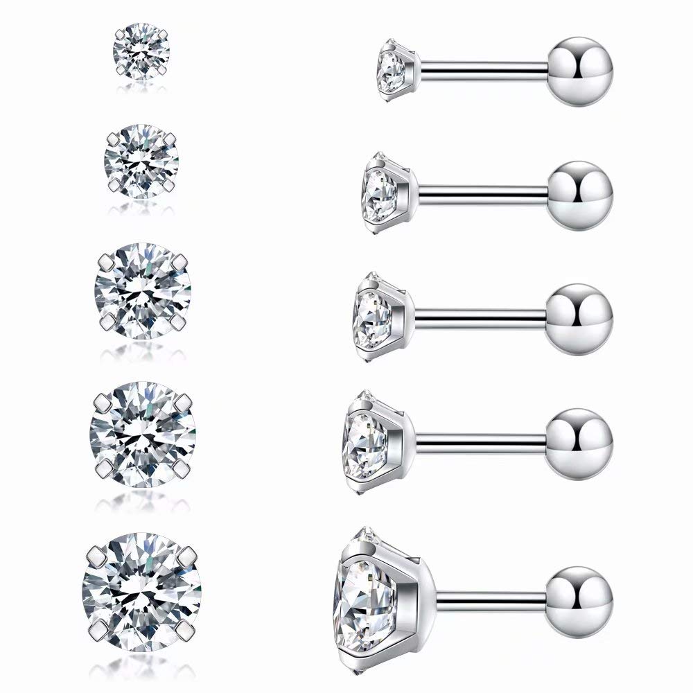 Hypoallergenic CZ Stud Earrings - 5 Pairs