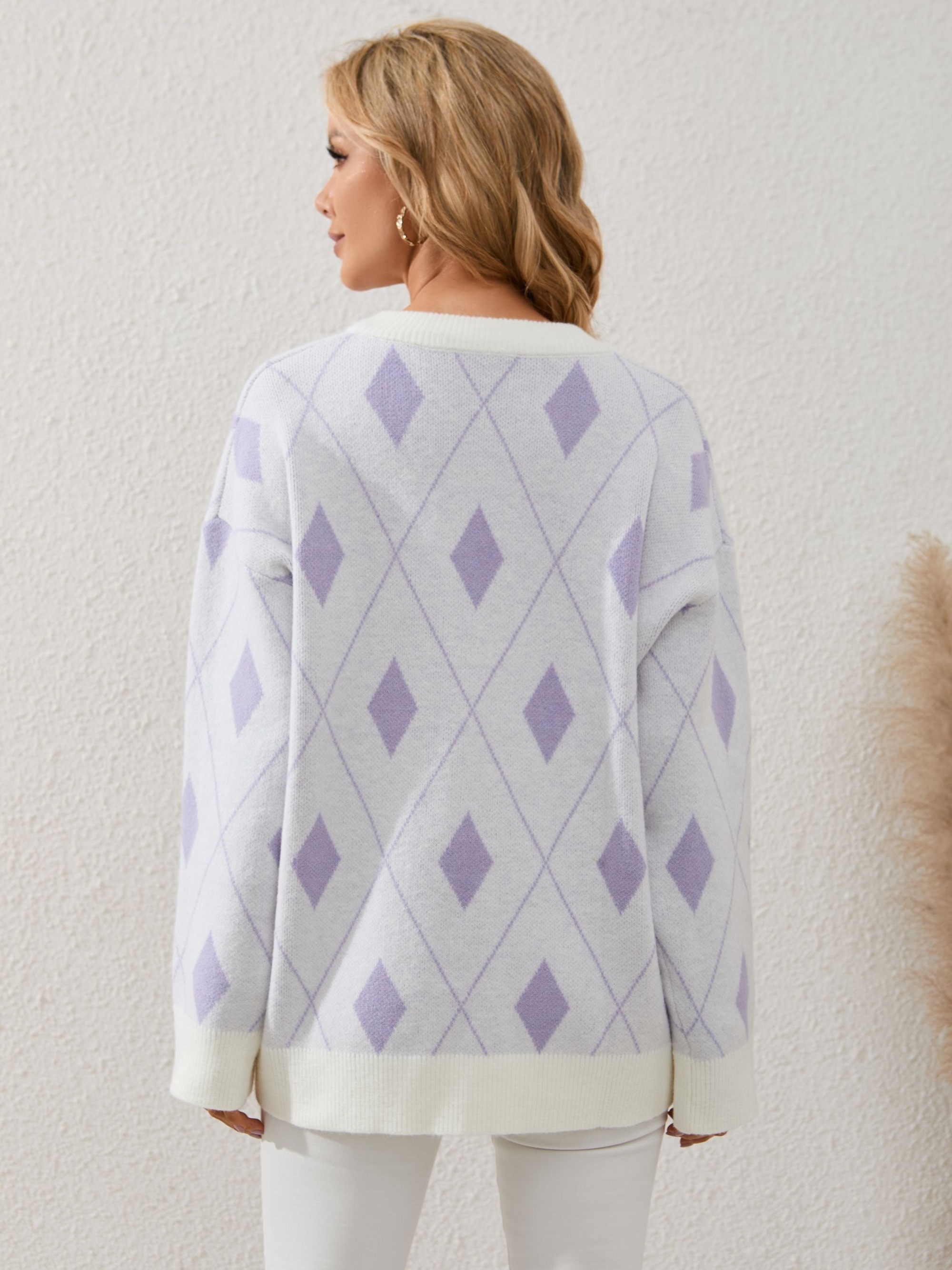 Lavender Argyle V-Neck Sweater, Pullover Diamond Patter Loose Sweatshirt,  Casual Tops For Fall & Winter, Women's Clothing