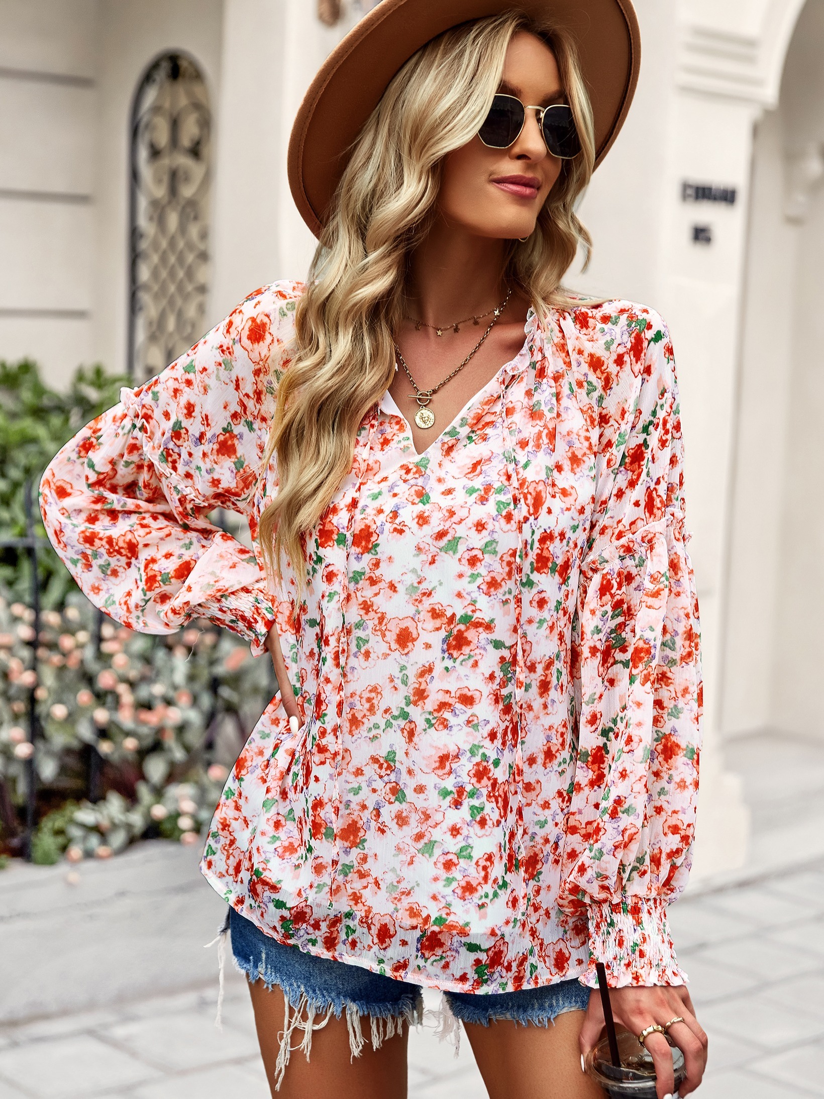 PIKADINGNIS Vintage Floral Print Chiffon Shirt Women Spring Summer V-neck  Long Sleeve Blouses Female Boho Style Casual Blouse 