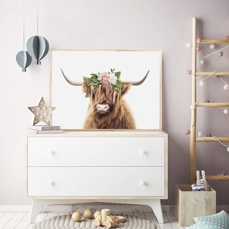 1pc Highland Cow with Flower Canvas Print Vibrant Wall Art for Home and Office Decor 16x12in Perfect for Art Lovers and Home Decor Enthusiasts