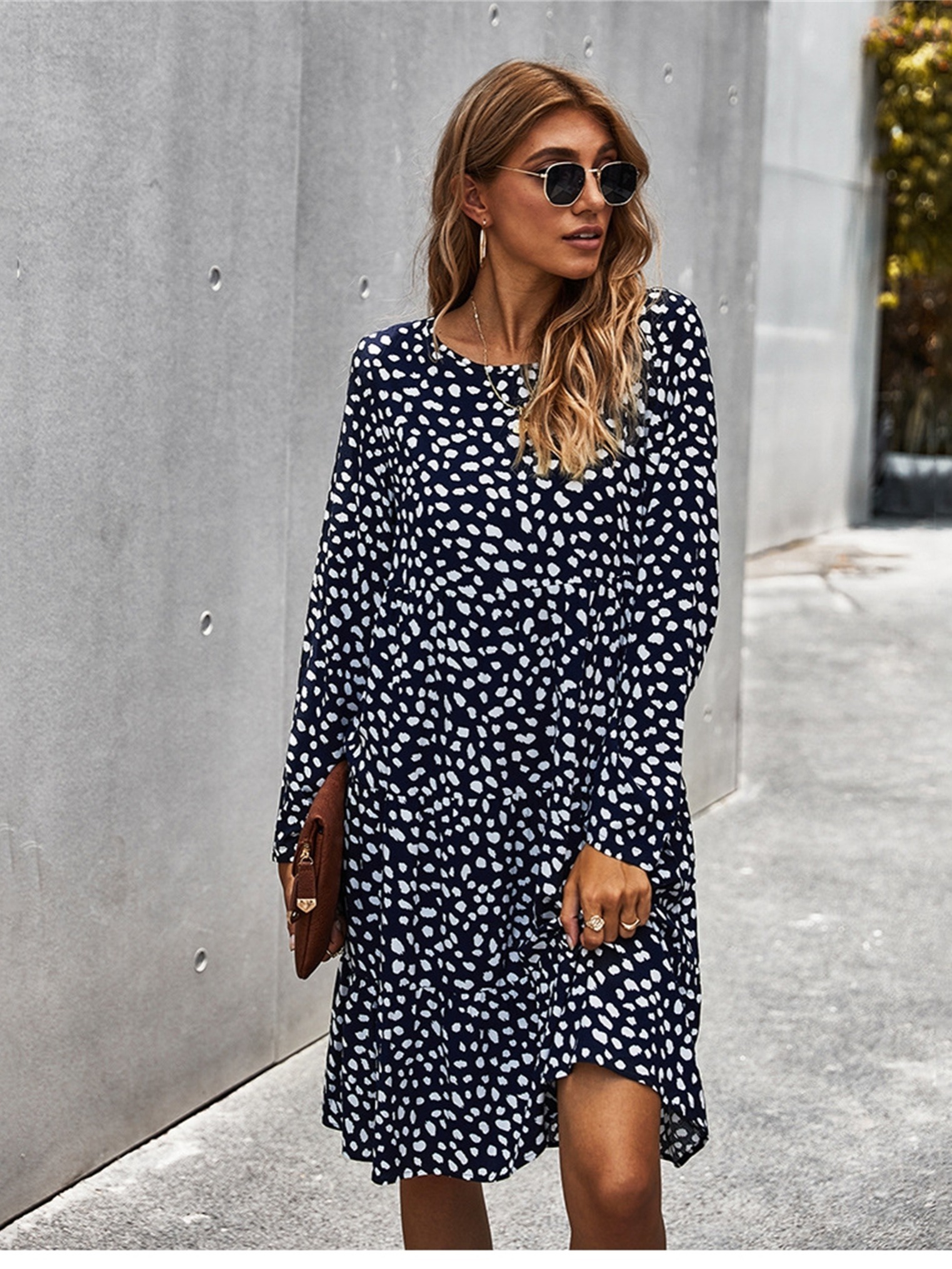 Spotted Long Sleeve Dress Dot Pattern Knee Length Crew Neck - Temu