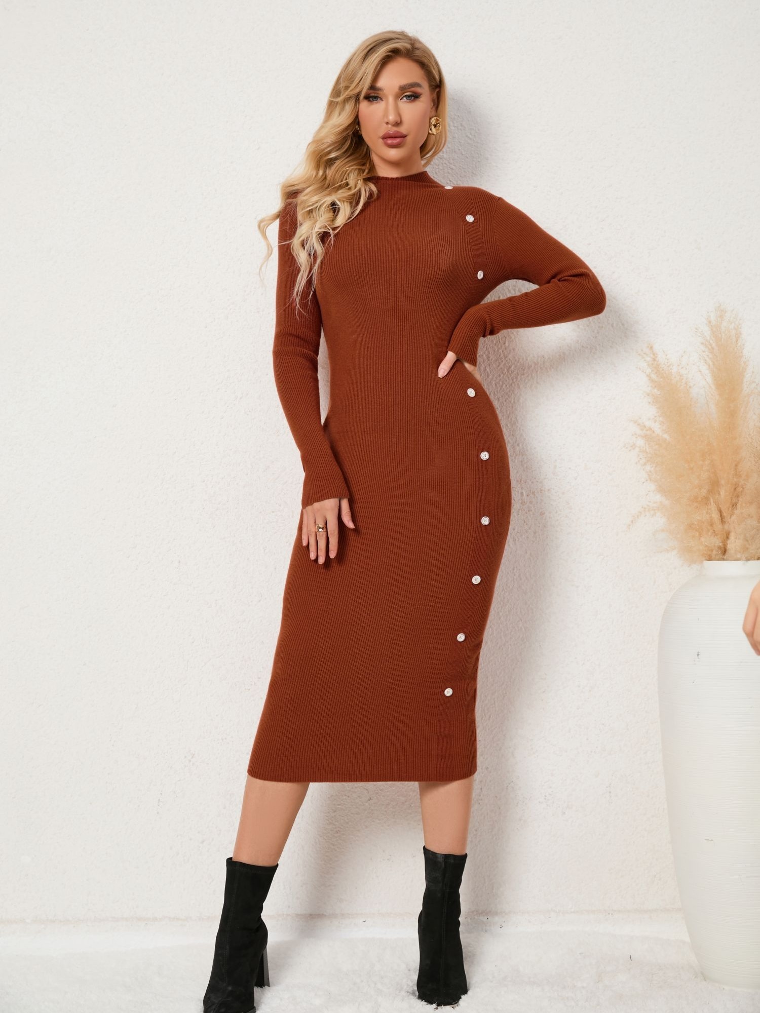 Knitted A-line Crew Neck Dress, Elegant Long Sleeve Dress For Fall &  Winter, Women's Clothing