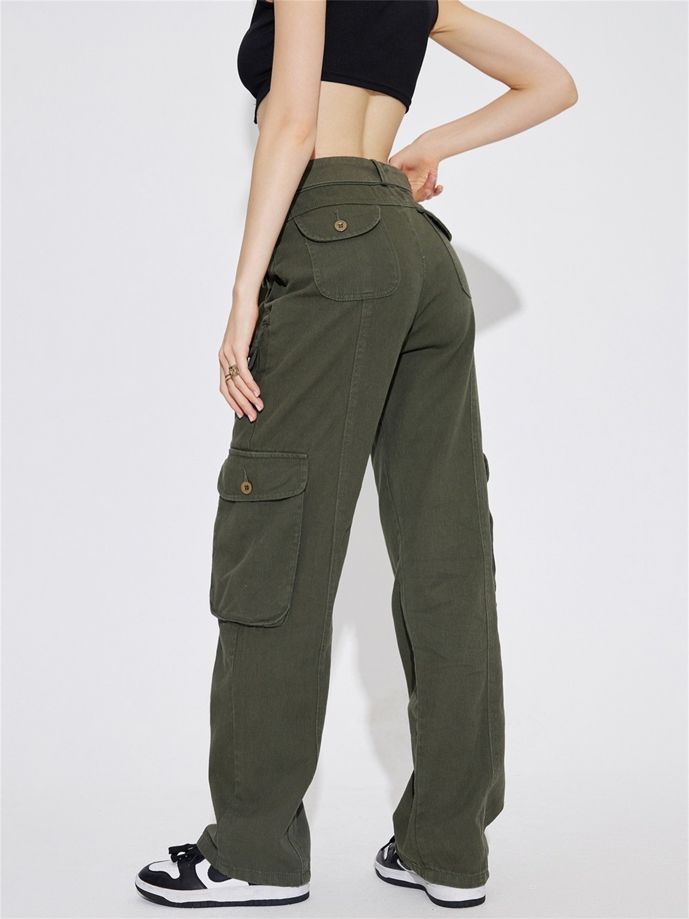 Army Green Cargo Jeans Flap Pockets High Waist Elastic Band Waist Wide ...