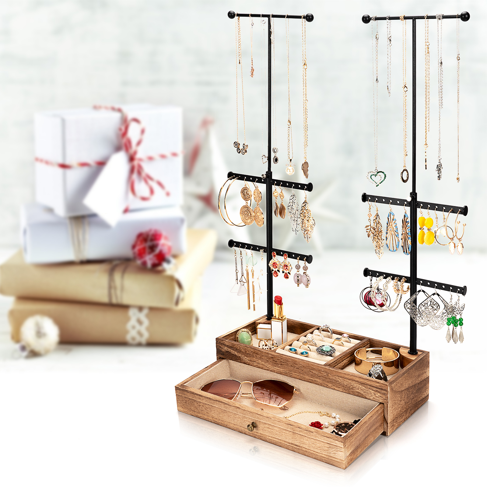 Soporte organizador de joyas 3 en 1, soporte para collares, pulseras,  pendientes y anillos, torre de joyería de árbol, Metal y madera
