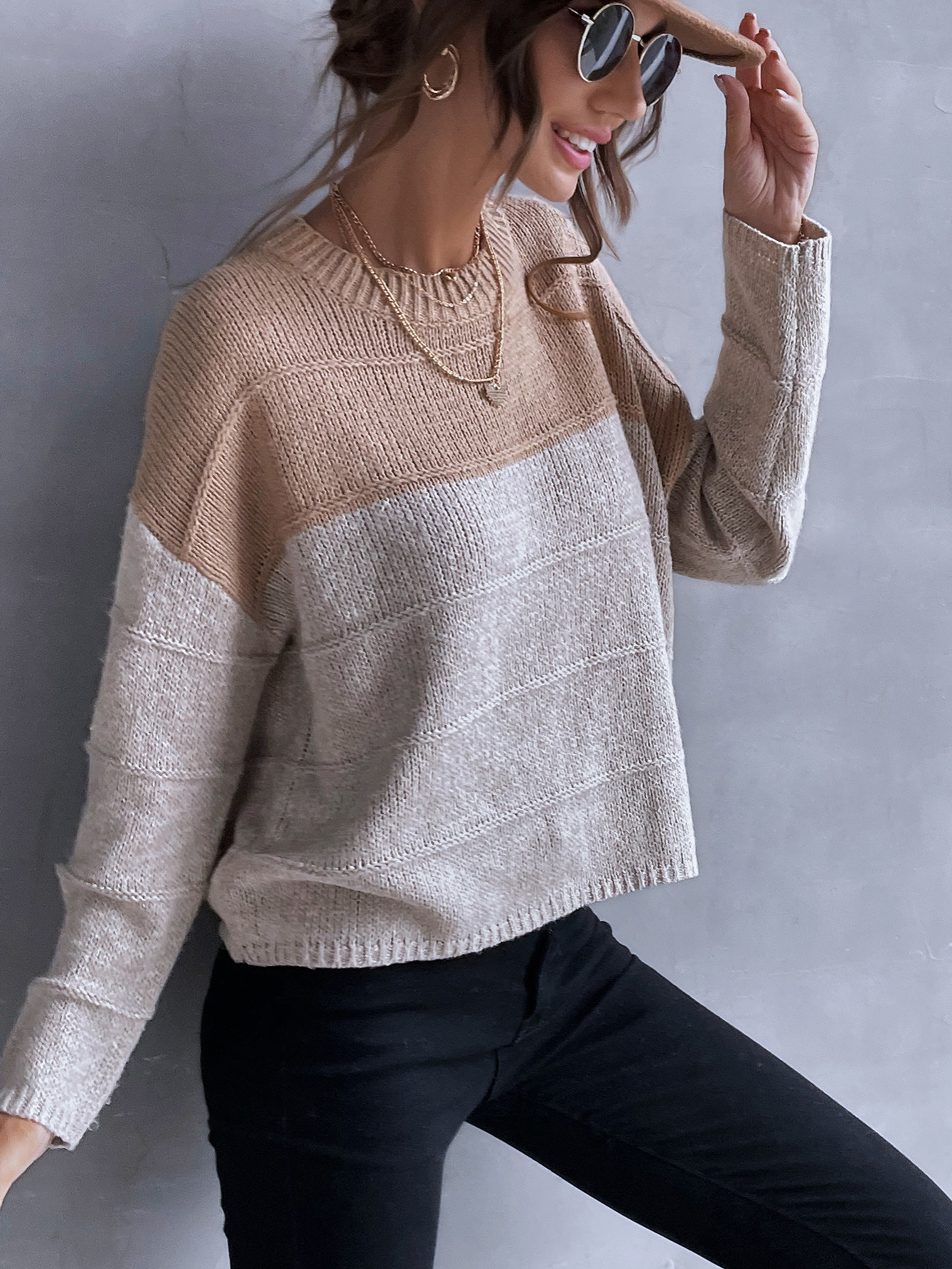 Two-Toned Color Block Sweater, Loose-Fit Rib-Knit Crew Neck Sweater, Casual  Tops For Fall & Winter, Women's Clothing