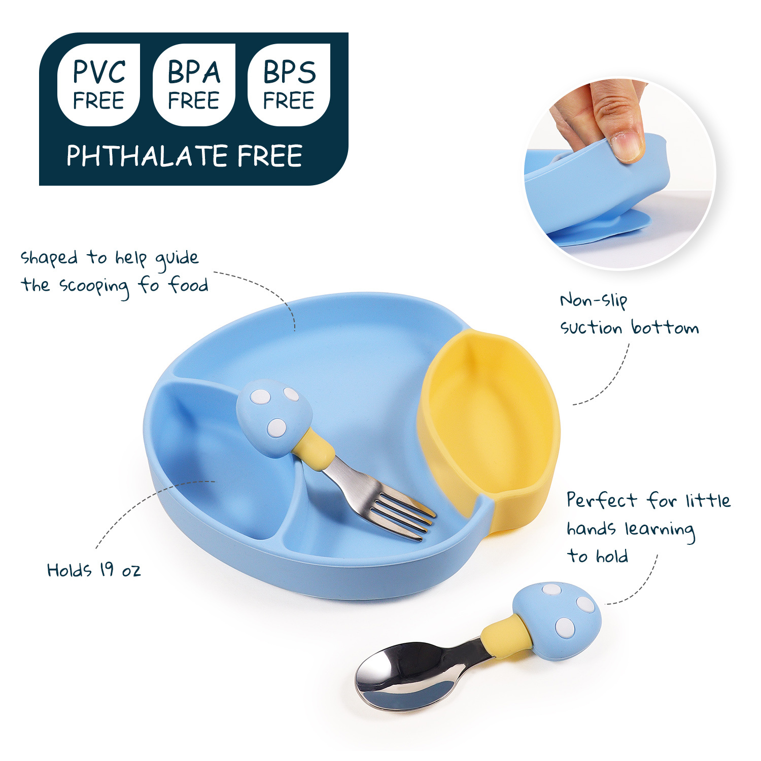 Mushroom Silicone Baby Tray Spork Set
