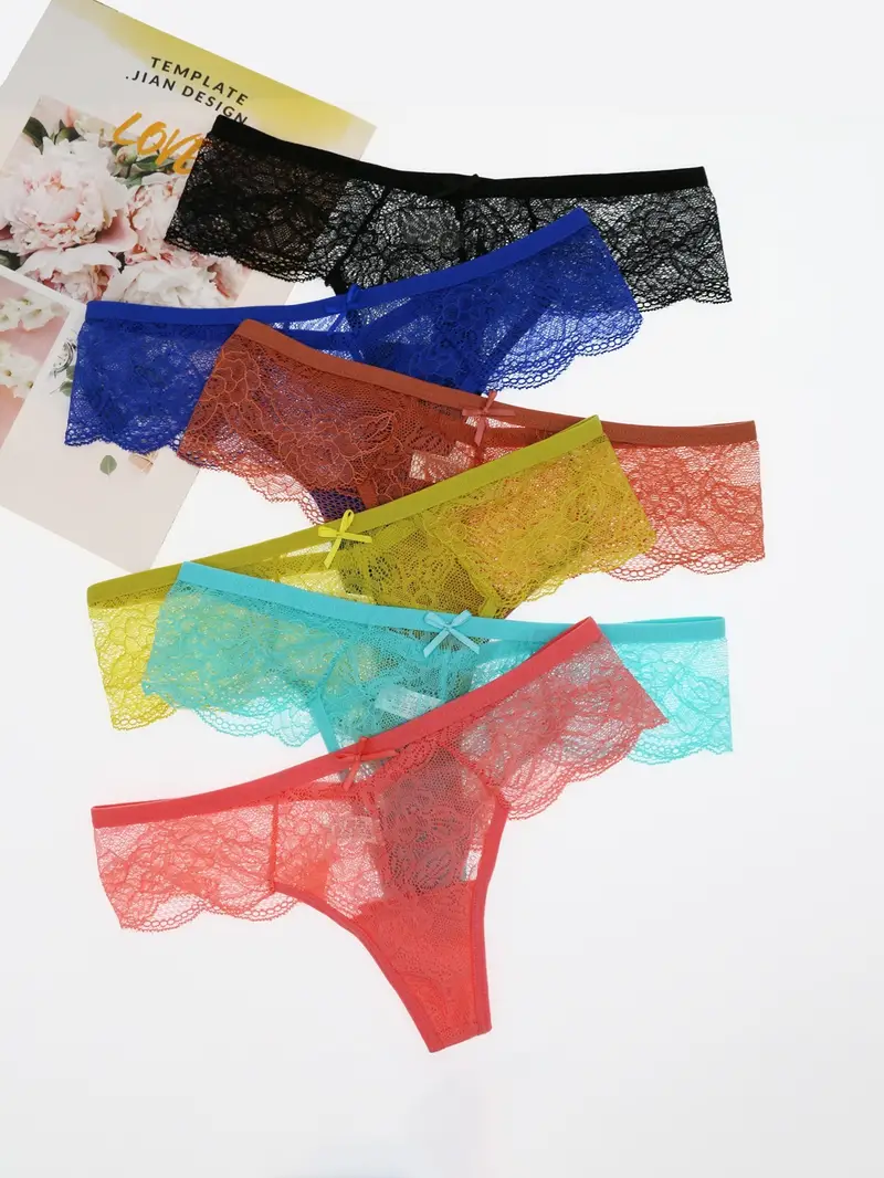 6pack Women's G-String Bow Decor Lace Thong Set